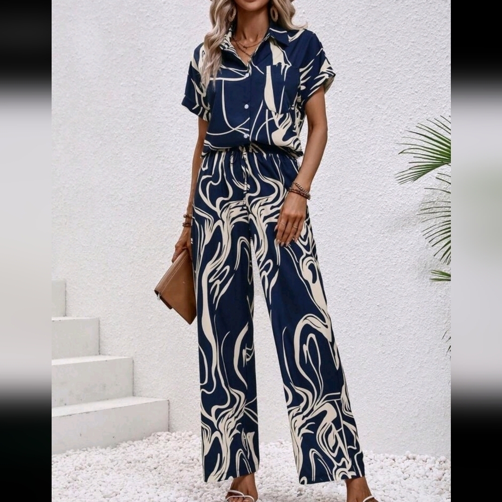 Women's Vacation Leisure Random Printed Short Sleeve Shirt And Long Pants